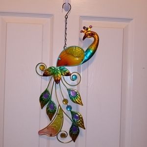 Metal Hanging Peacock Bird Yard Wall Decoration Teal/Gold/Purple